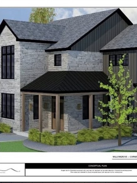 Conceptual rendering of a stone and board-and-batten home